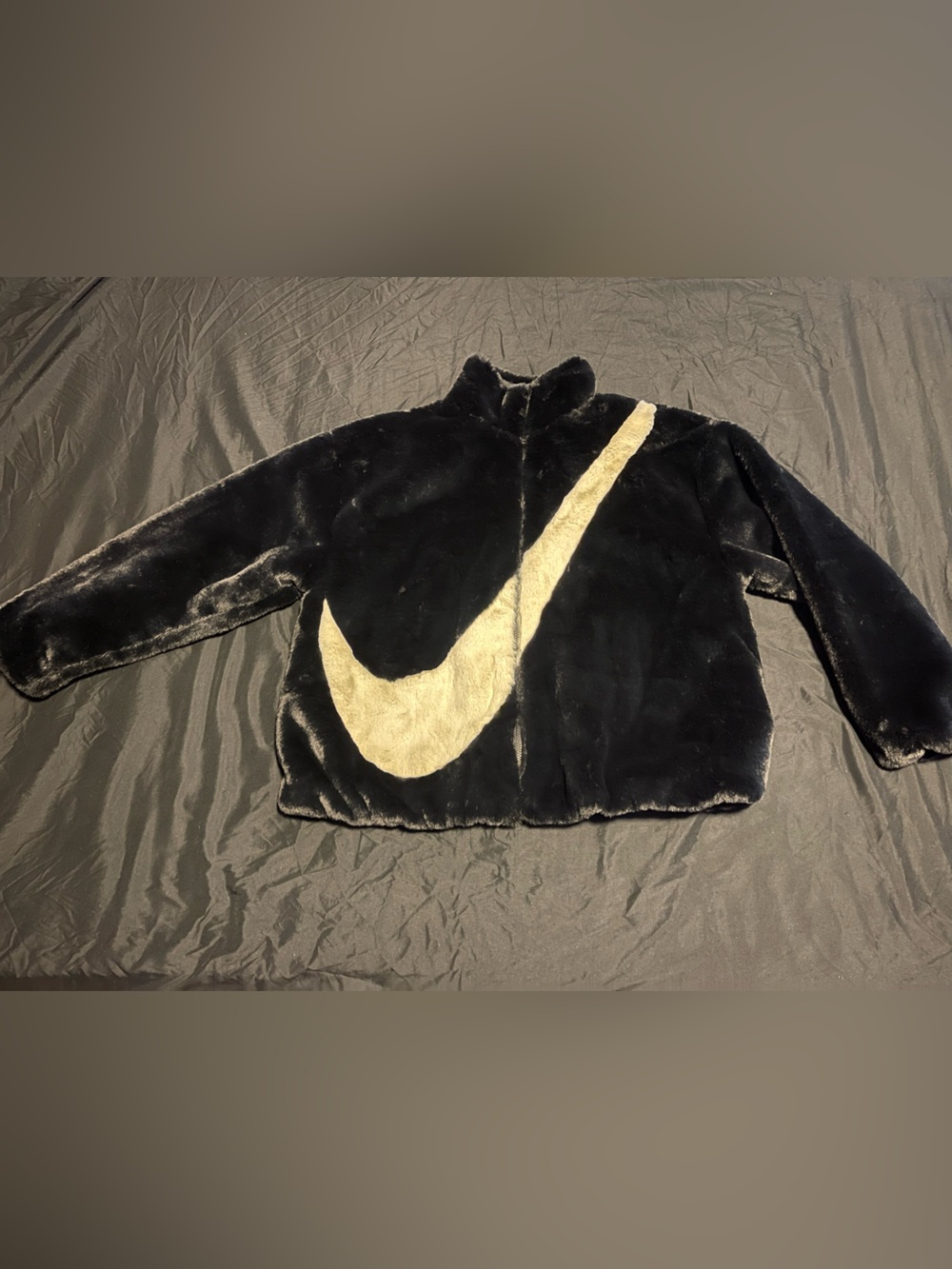 Nike Black Faux Fur Jacket with Cream Crescent Swoosh